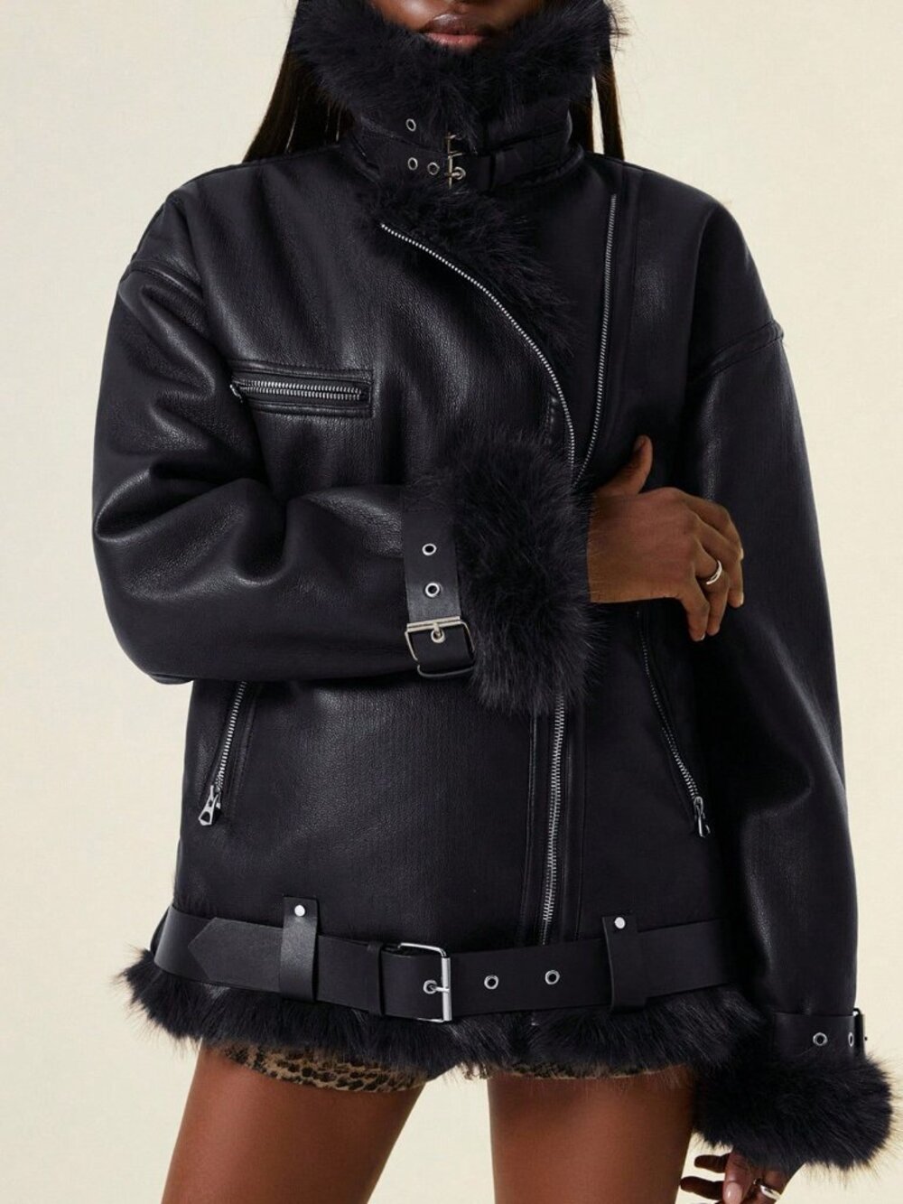 Black Casual Motorcycle Women's Faux Fur Collar Belt Jacket - Picture 5 of 7